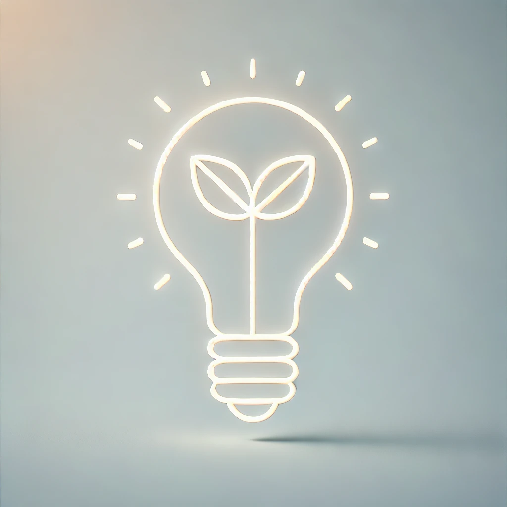 DALL·E 2024-11-11 08.53.13 – A glowing light bulb representing an idea or innovation, without any heart shapes or leaf elements, focusing solely on the simplicity of the bulb. The